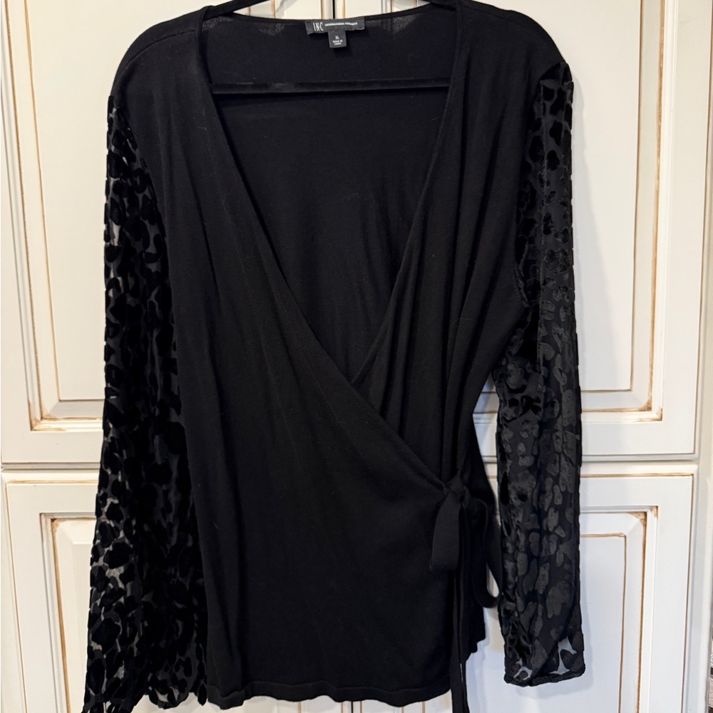 INC International Concepts Black Wrap Sweater with Sheer Velvet Burnout Sleeves